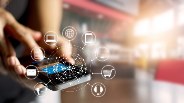 Man using mobile payments online shopping and icon customer network