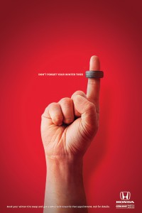 Ontario Honda Dealers would like everyone to remember to not forget to put their winter tires on. The key message of this point-of-purchase campaign was to incentivize people to book their winter-tire swaps in advance. It appeared in posters, postcards, e-display and window clings.