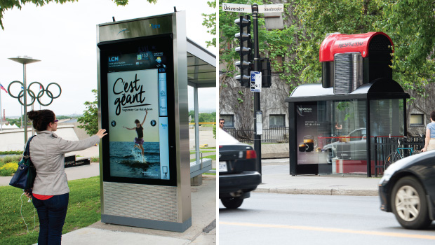 Recent examples of increased interactivity include this coffee stop – Nespresso and Marketel created espresso machines out of Quebecor transit shelters for the VertuoLine launch; a campaign executed by Quebecor for ATR, Association of Tourism of Saguenay, morphed from static posters to interactive digital boards activated by motion sensors to deliver new creative. The information could be transferred to a mobile device via a QR code or NFC.